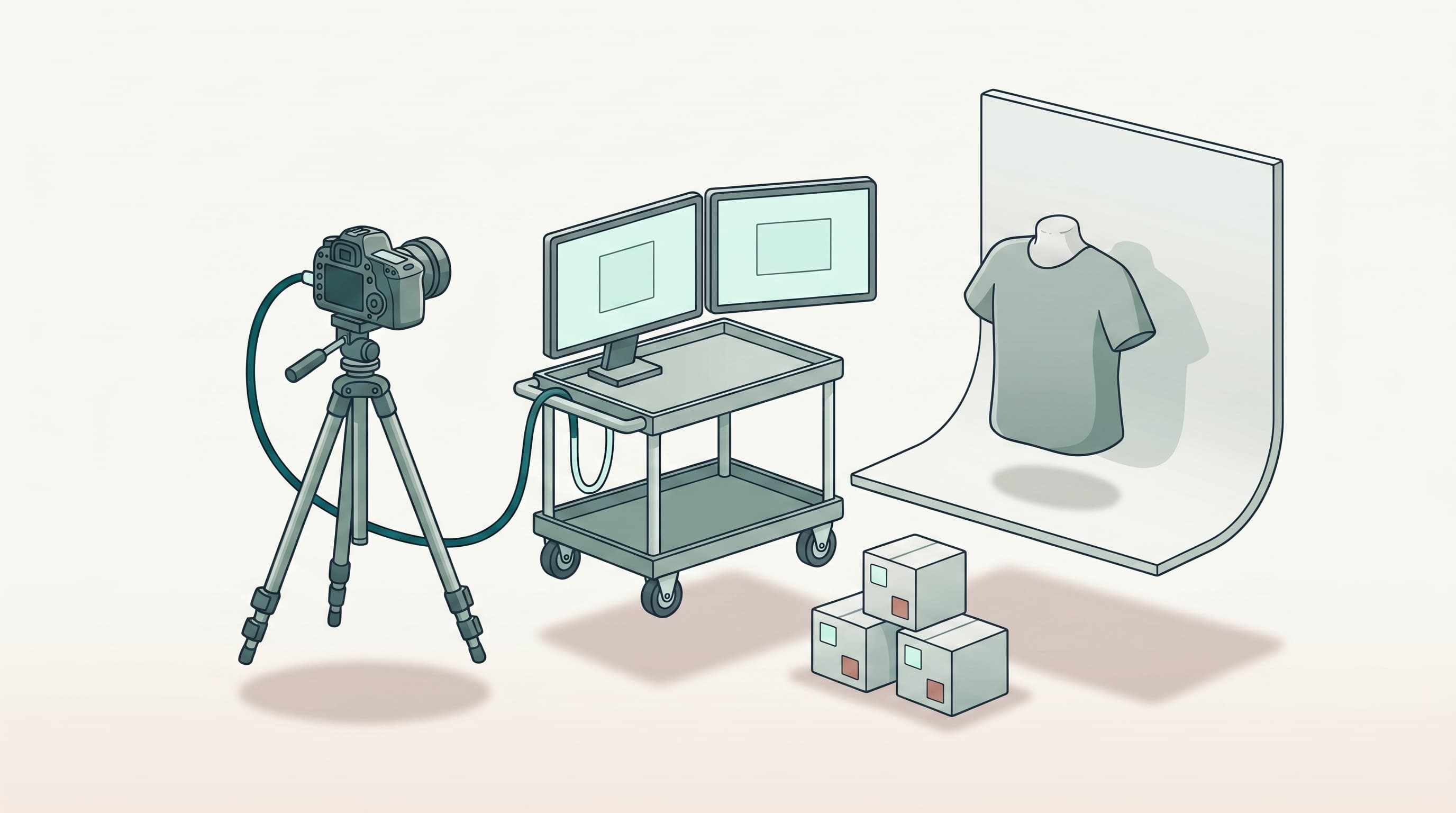 Illustration of a tethered packshot capture station: DSLR on a tripod connected by cable to a rolling cart with dual reference monitors, a cyclorama with a garment sample, and a small stack of tagged sample boxes.