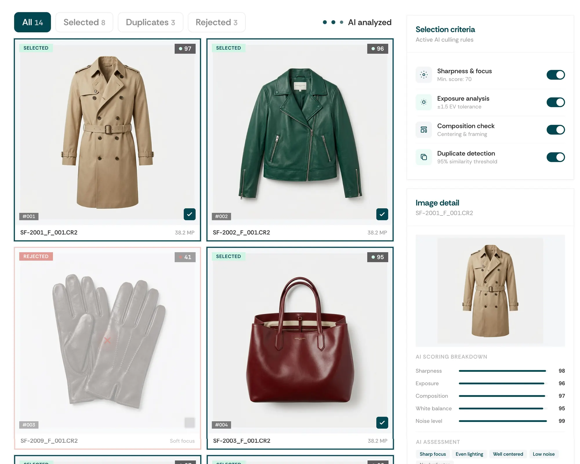 AI culling ranks a series of images from a product photoshoot and selects the sharpest shots.