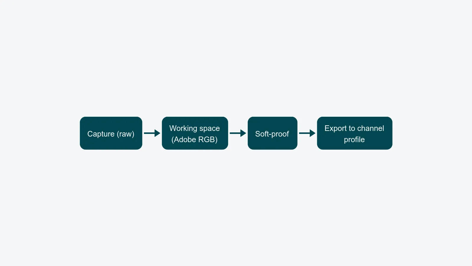 Capture (raw) → Working space (Adobe RGB) → Soft-proof → Export to channel profile