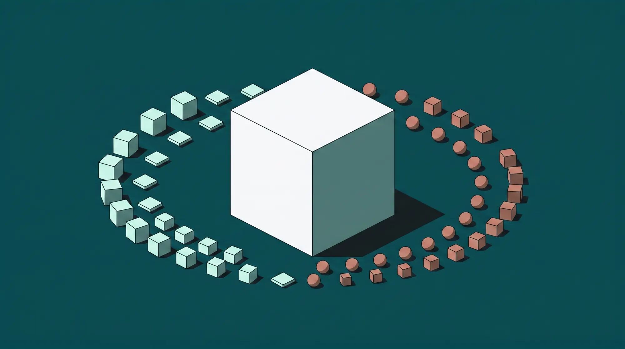 A single white cube standing centrally on a calm dark teal field, encircled by two orderly rings of smaller mint and terracotta cubes and spheres.