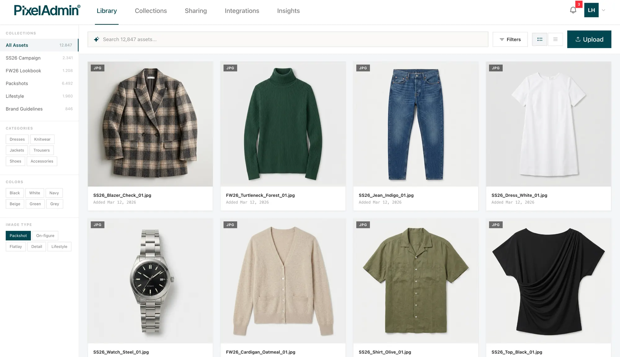 PixelAdmin asset library (DAM) with finished product images ready for delivery to webshops, PIMs, and channels
