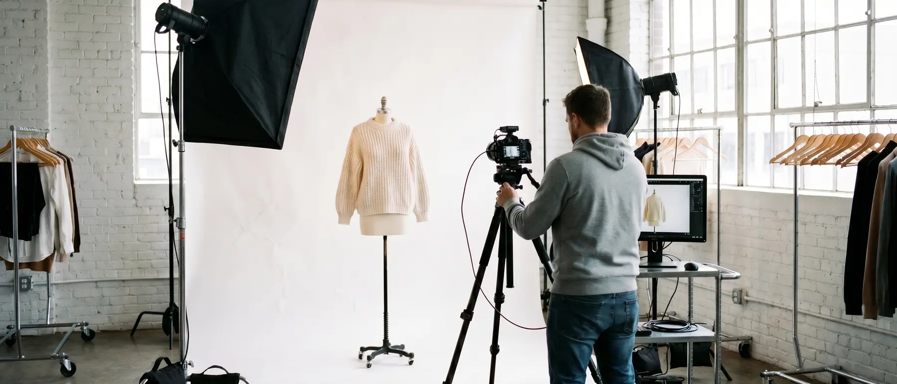 Photographer at the tethered workstation in the middle of the production floor with tripods and clothing racks around them
