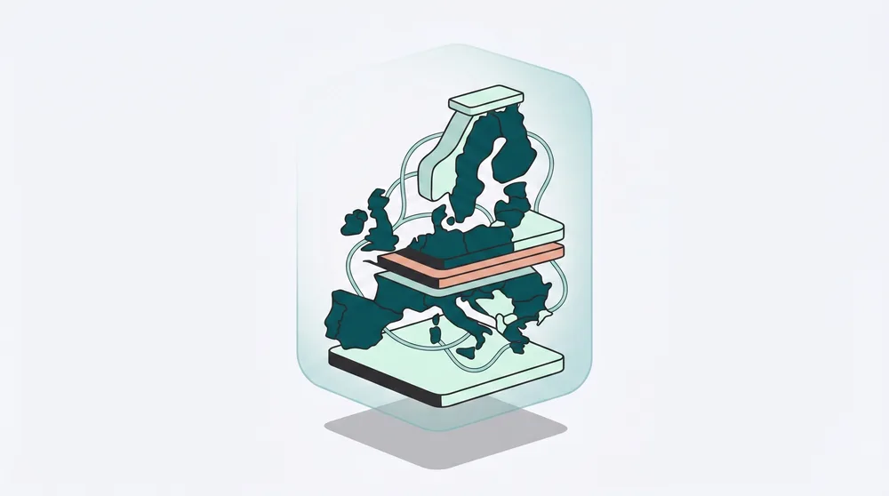Abstrakt geometrisk illustration af stablede lagrings- og behandlingslag, indeholdt i silhuetten af Europa, med flydende forbindelseslinjer der løber mellem lagene men aldrig forlader det afgrænsede område.