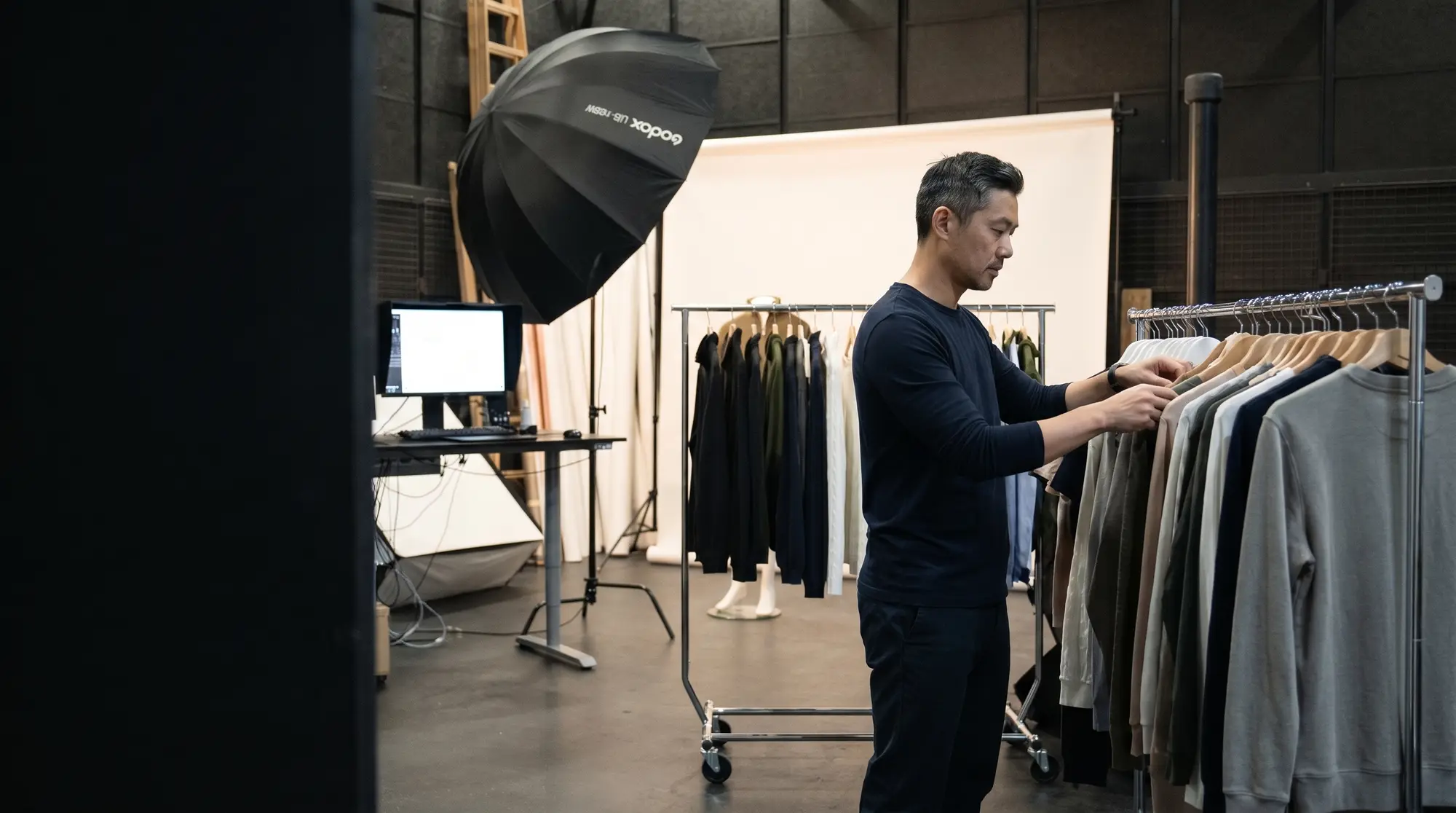 Photographer sorting hangers on a clothing rack on a busy studio floor with multiple racks and an active set in the background