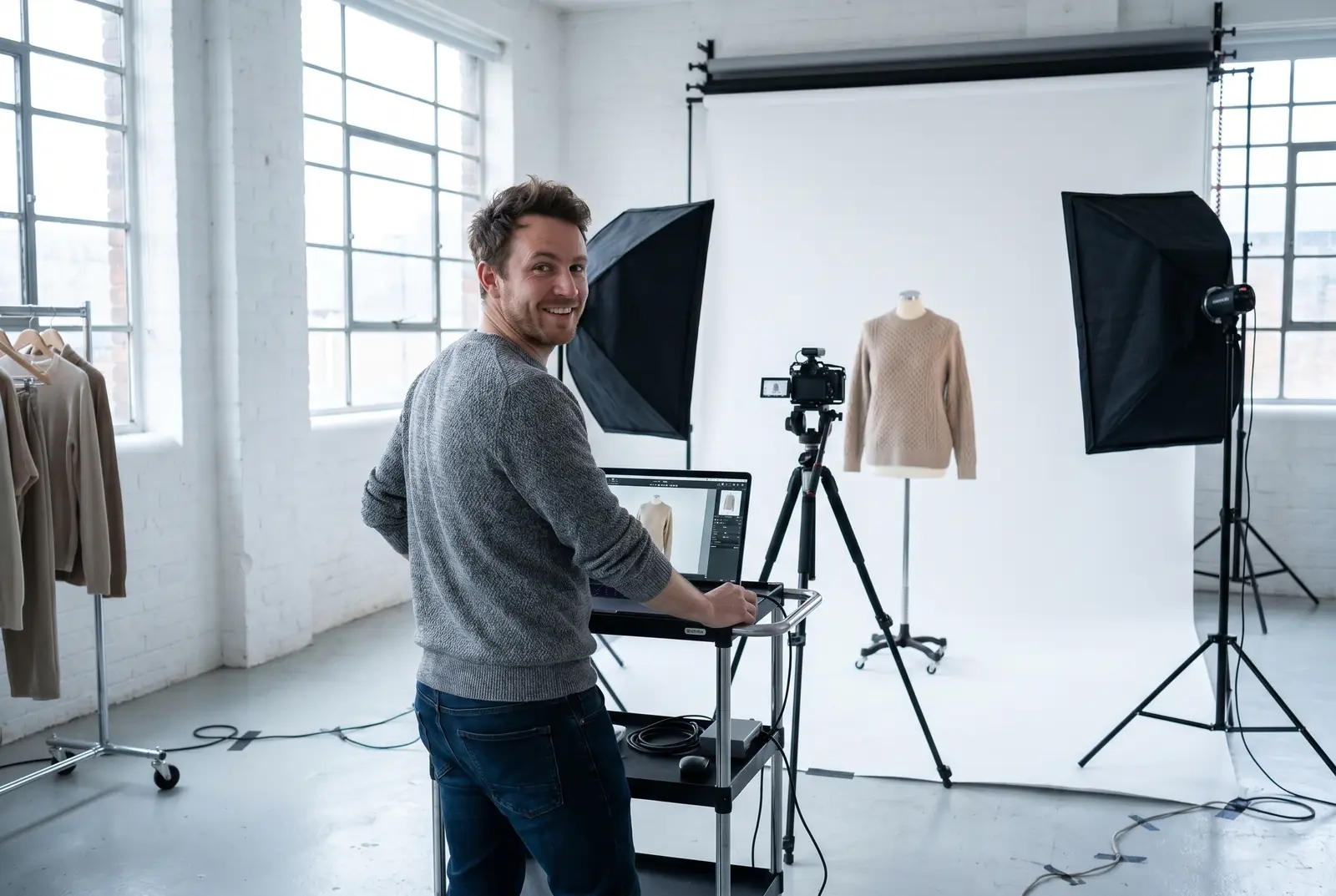 Photographer in a bright studio shooting a knitted sweater on a mannequin at a tethered workstation