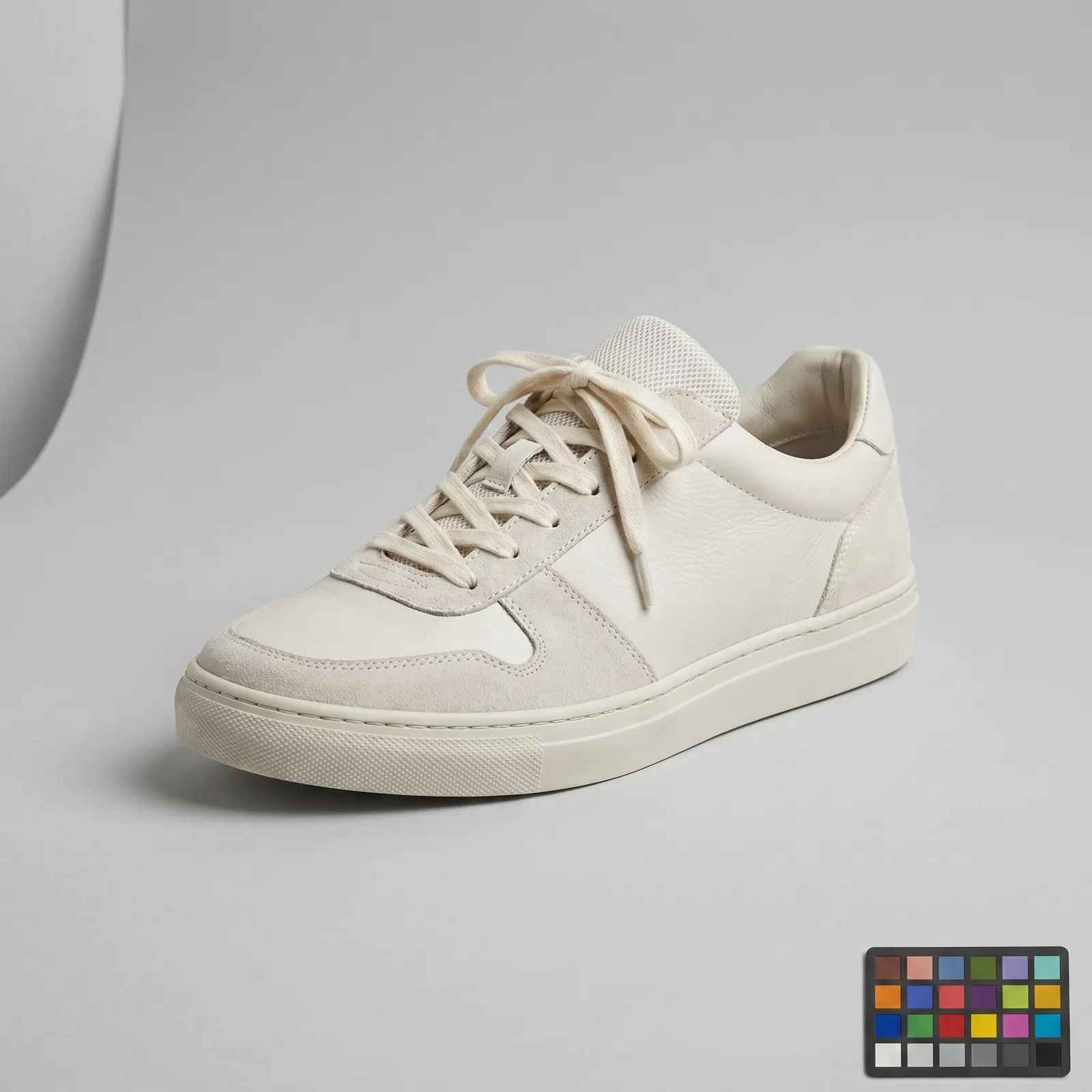 Raw tethered capture of a shoe on a studio sweep with color card, before isolation