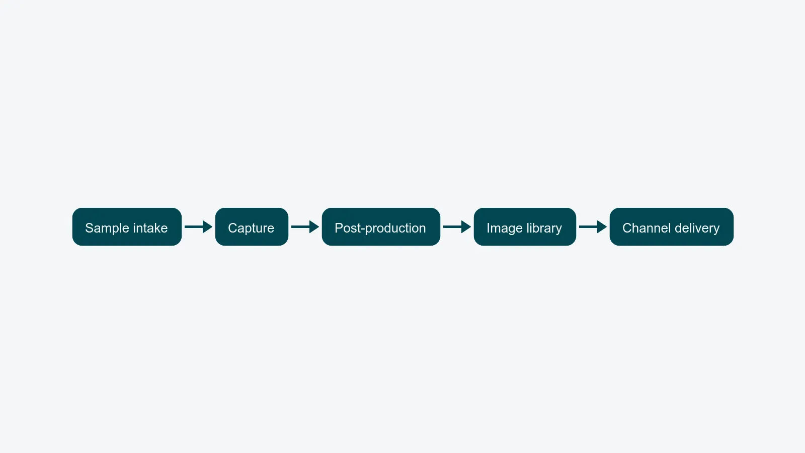 Horizontal flow diagram with five stages: Sample intake, Capture, Post-production, Image library, Channel delivery.