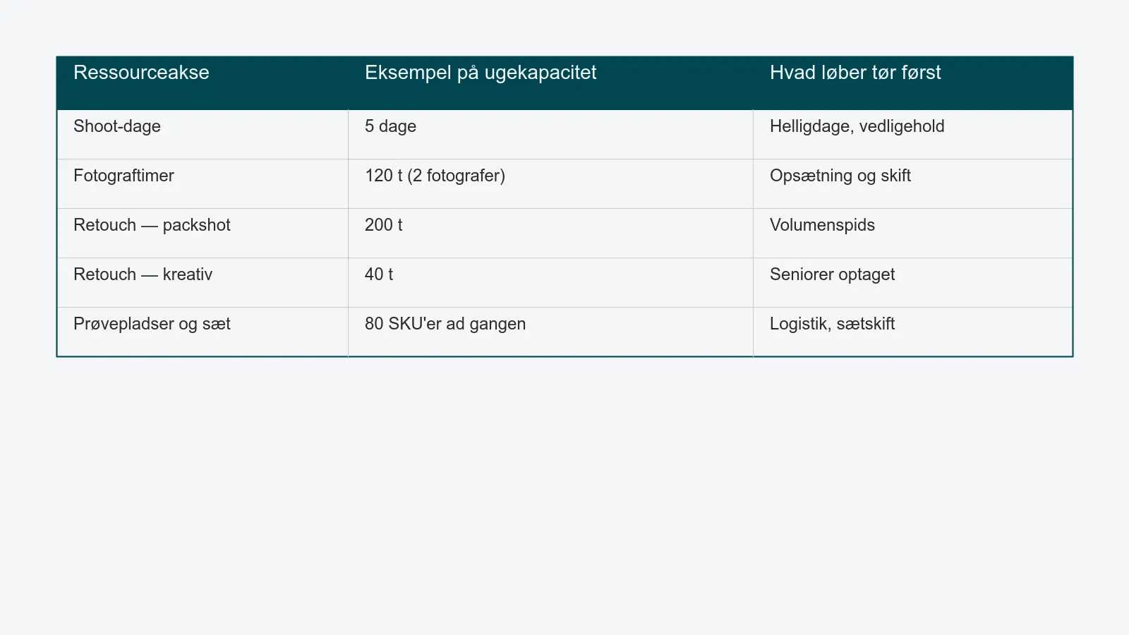 Tabel med de fem ressourceområder - shoot-dage, fotograftimer, packshot-retouch, kreativ retouch og prøvepladser - med eksempel på ugekapacitet og hvad der løber tør først for hver af dem.