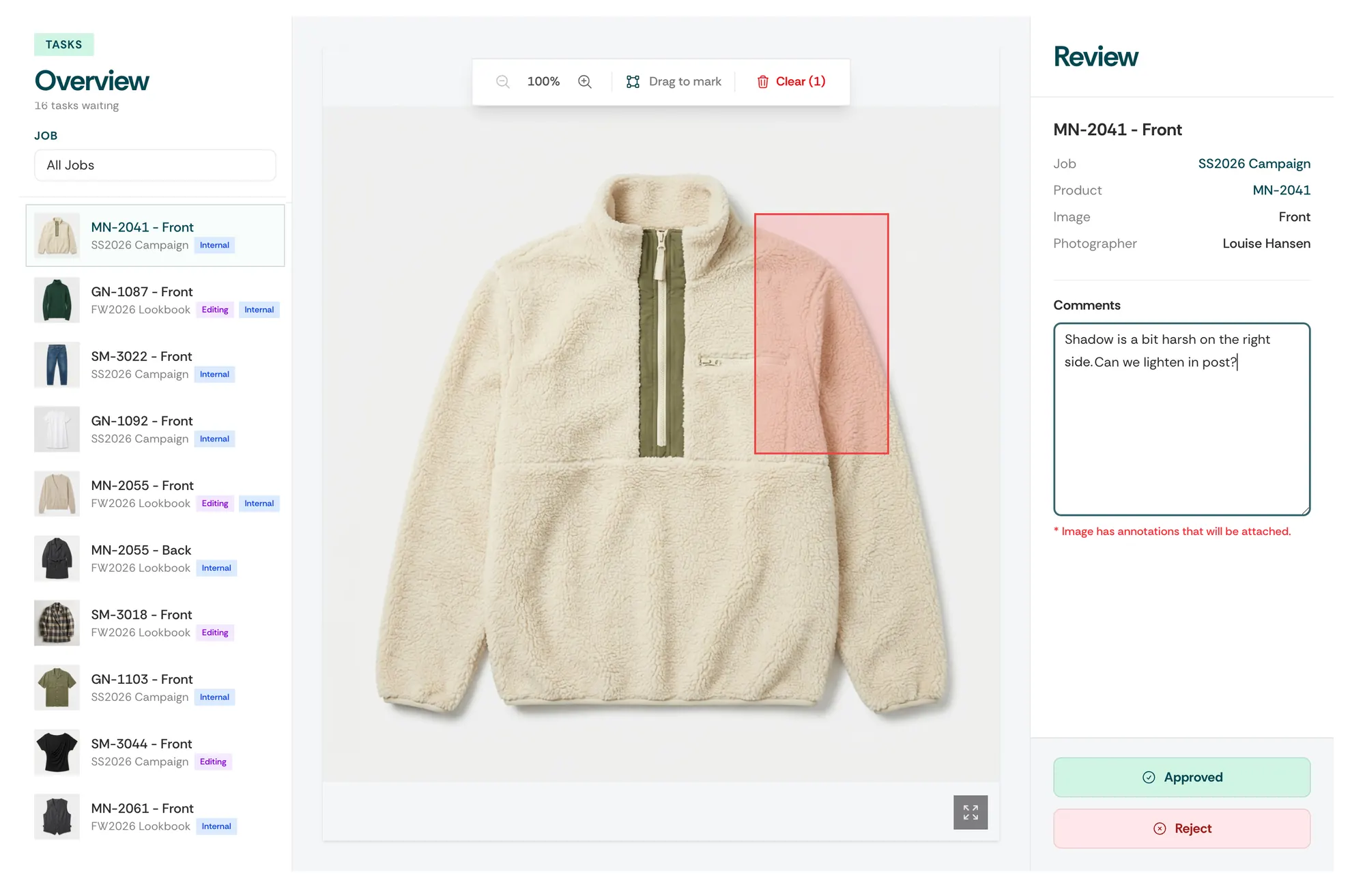 PixelAdmin review tool with annotation directly on the image, comments, and approve/reject options