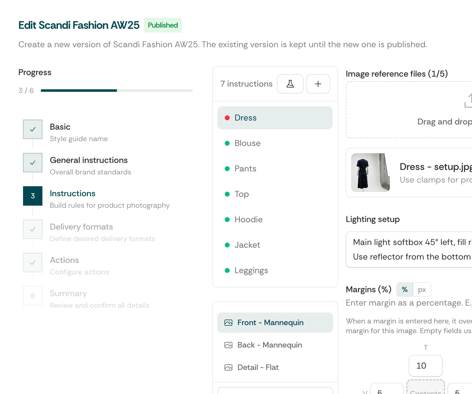 PixelAdmin style guide editor with instructions, reference images, and requirements for background, angles, and color
