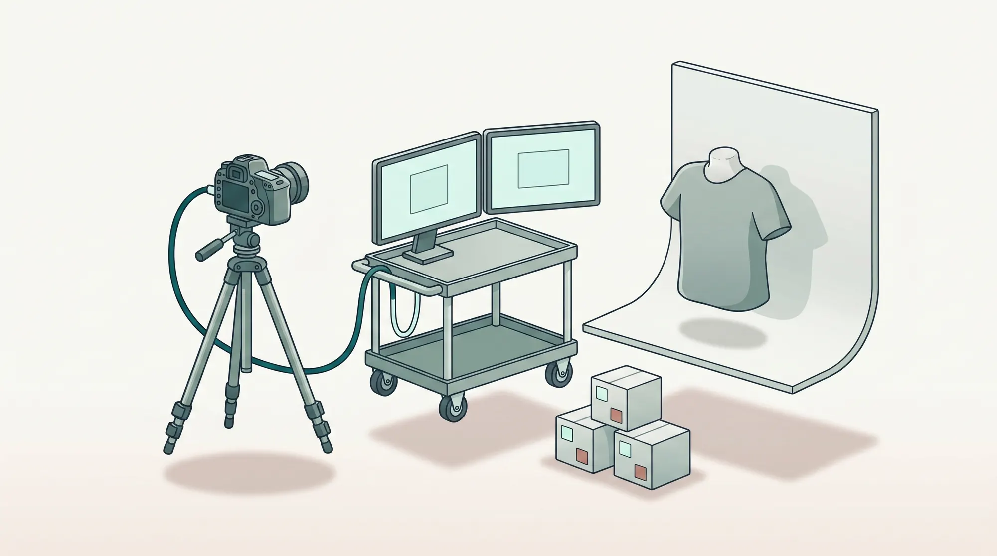 Illustration of a tethered packshot capture station: DSLR on a tripod connected by cable to a rolling cart with dual reference monitors, a cyclorama with a garment sample, and a small stack of tagged sample boxes.