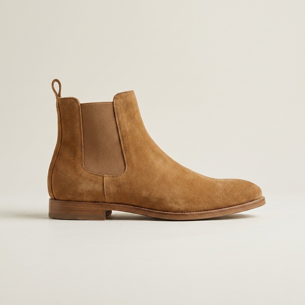 Product photo of a suede boot in a catalog batch processed by AI