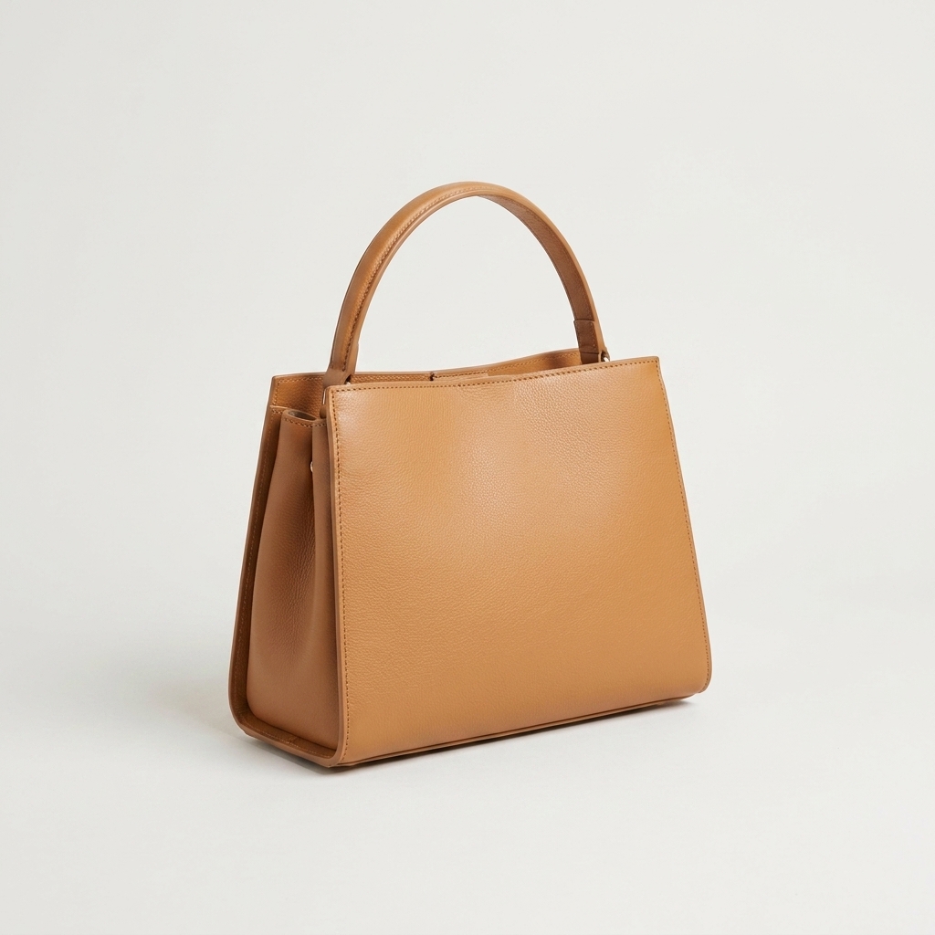 Product photo of a leather handbag in a catalog batch processed by AI