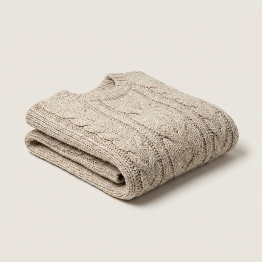 Product photo of a knit sweater in a catalog batch - flagged for human review