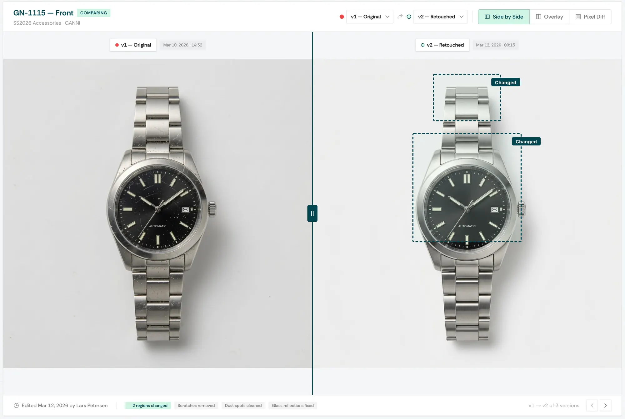 Side-by-side version comparison of two image revisions in PixelAdmin's online proofing tool